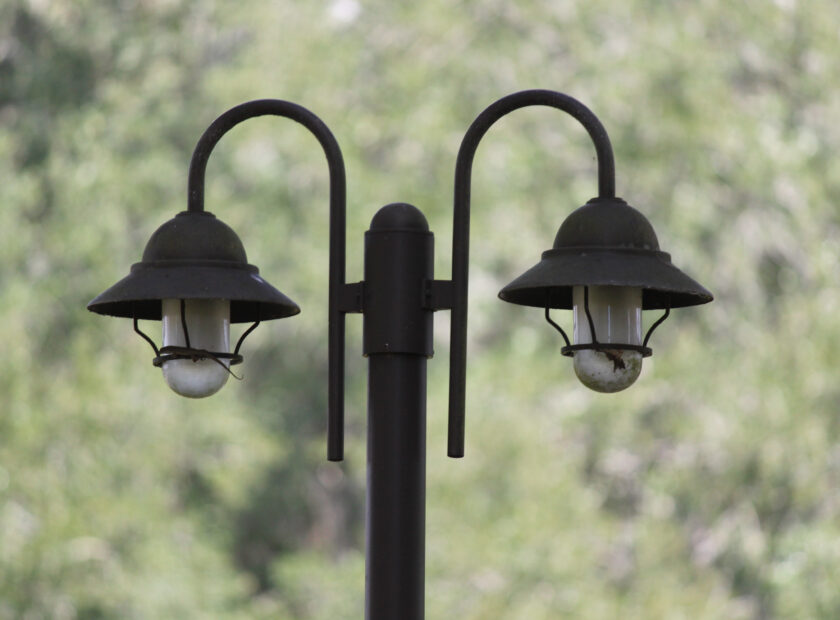 Black outdoor light fixture on pole with green background.